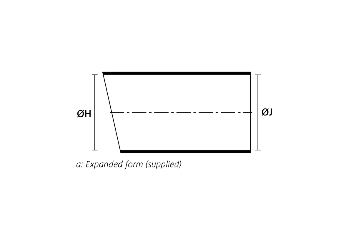 Technical drawing showing the expanded supplied form of a right angle heat shrink molded shape without rib