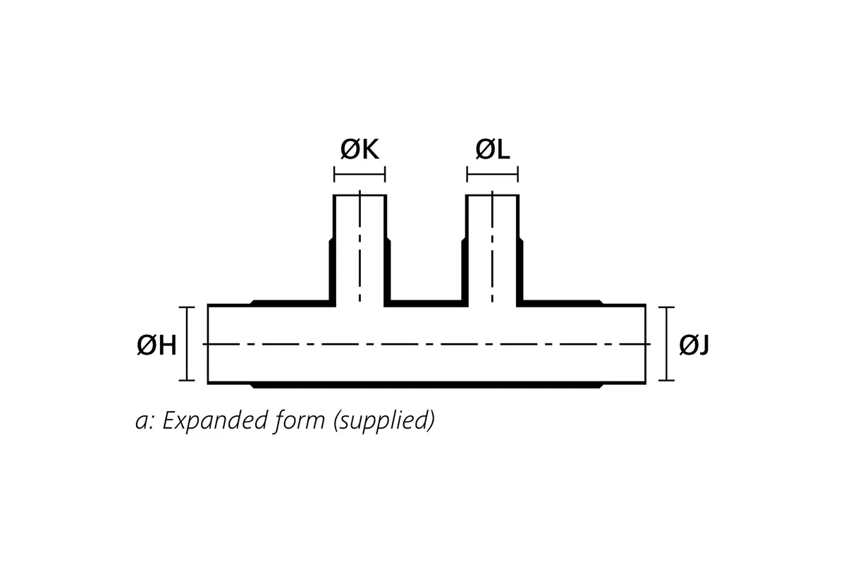 Technical drawing showing the expanded supplied form of a double T heat shrink molded shape