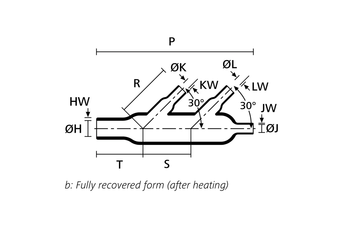 Technical drawing showing the fully recovered form of a double T heat shrink molded shape