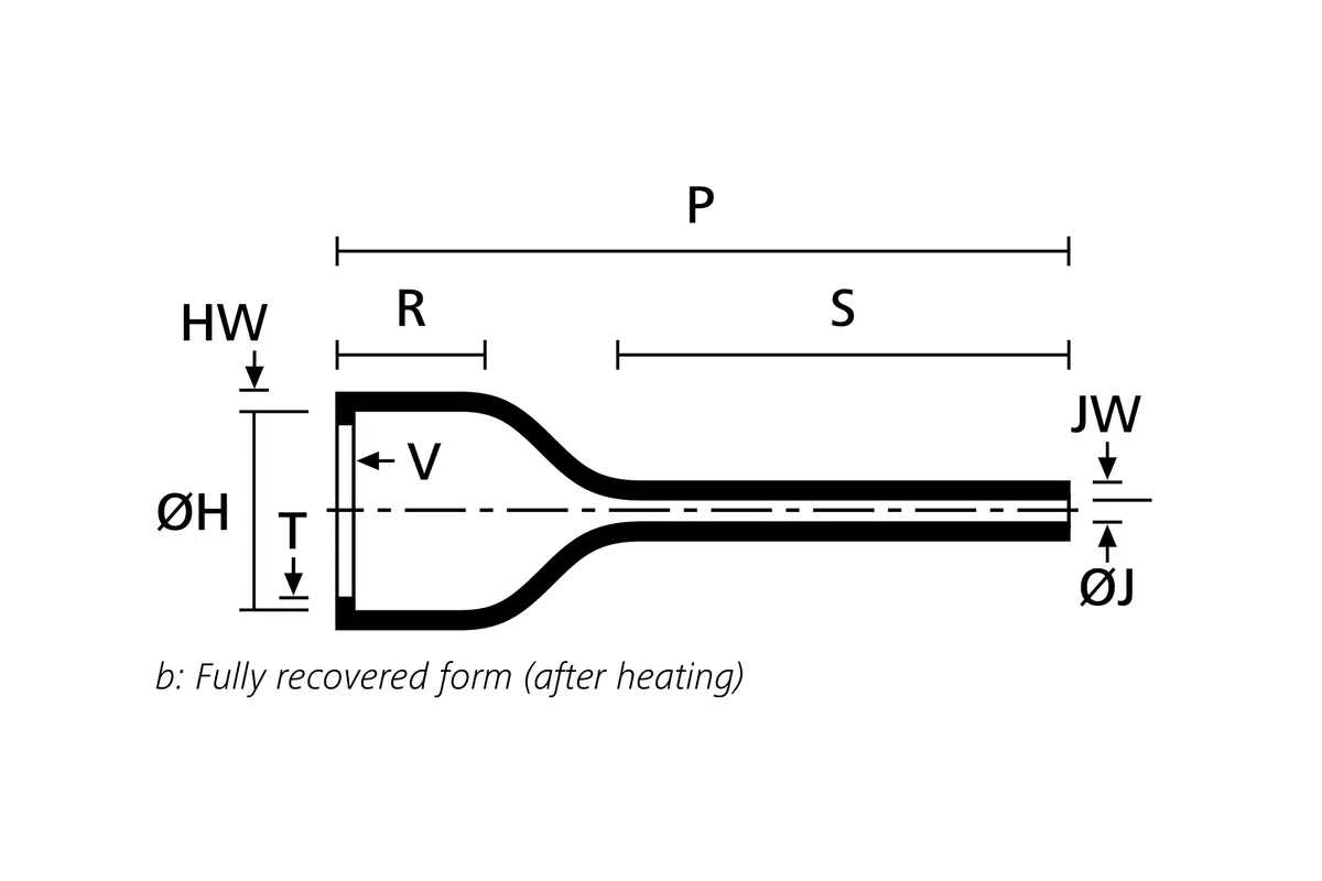 Technical drawing showing the fully recovered form of a bottle shaped heat shrink molded shape with rib