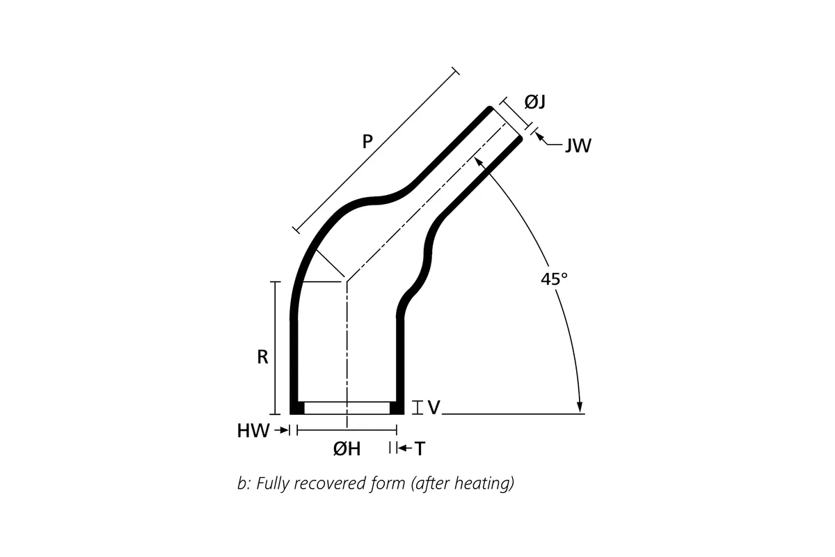 Technical drawing showing the fully recovered form of 1837-4, a 45° heat shrink angled molded shape