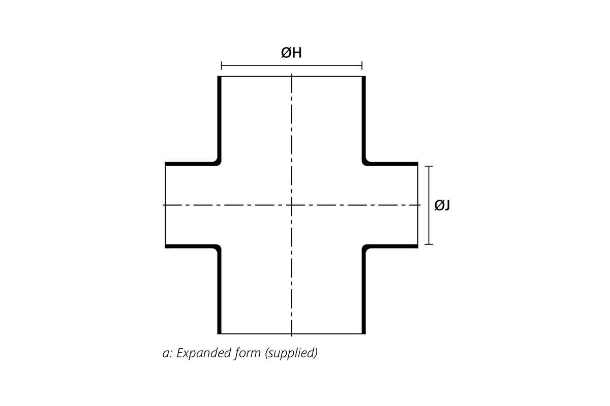 Technical drawing showing the expanded supplied form of a right angle heat shrink cross shape
