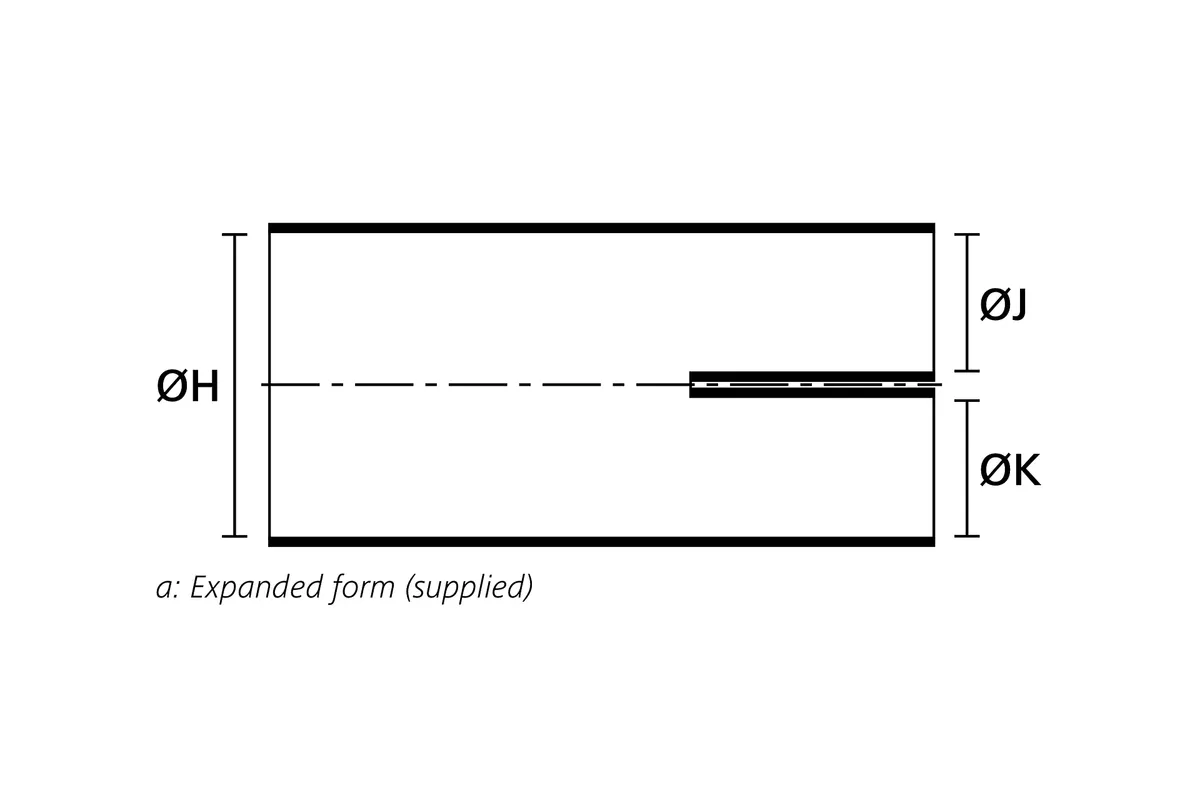 Technical drawing showing the expanded supplied form of a low profile two way heat shrink outlet shape