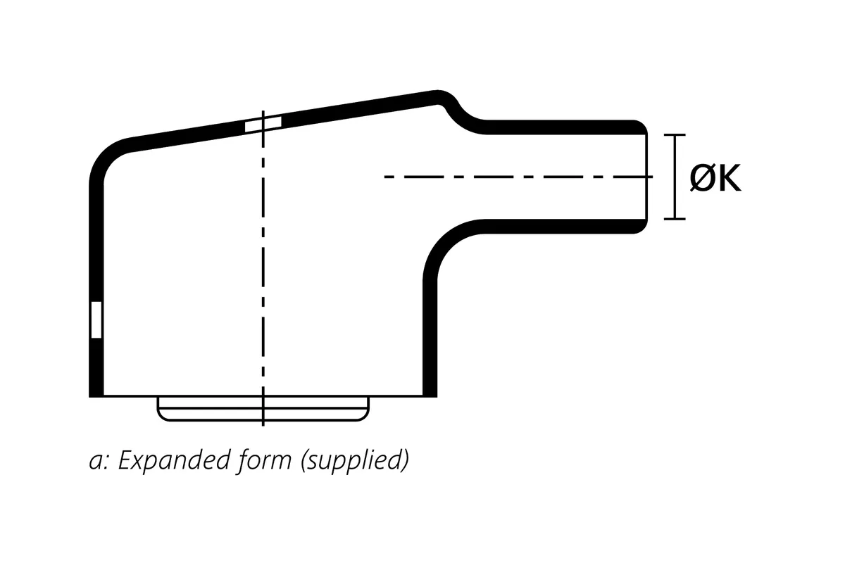 Technical drawing showing the expanded supplied side view of a 90° heat shrink connector cover
