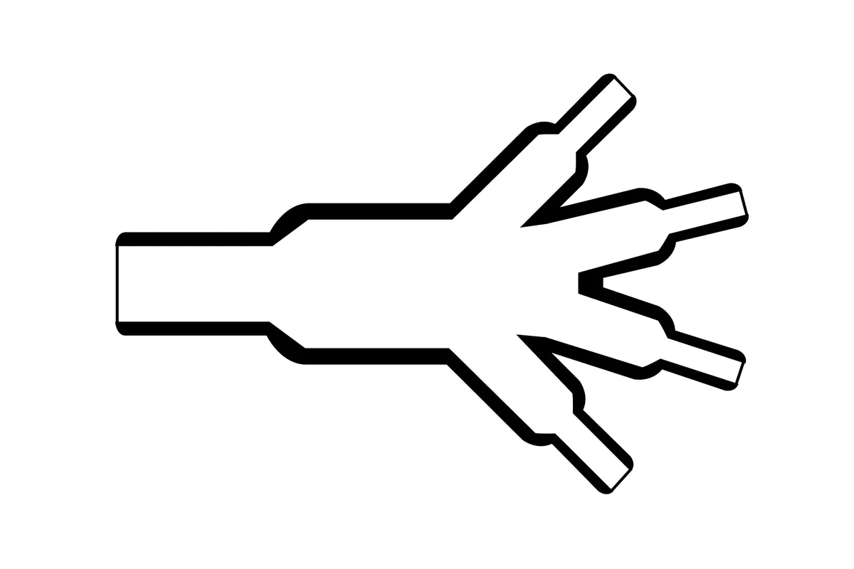 Diagram of Helashrink 400 series four way outlet heat shrink shape for VG style cable harness transitions