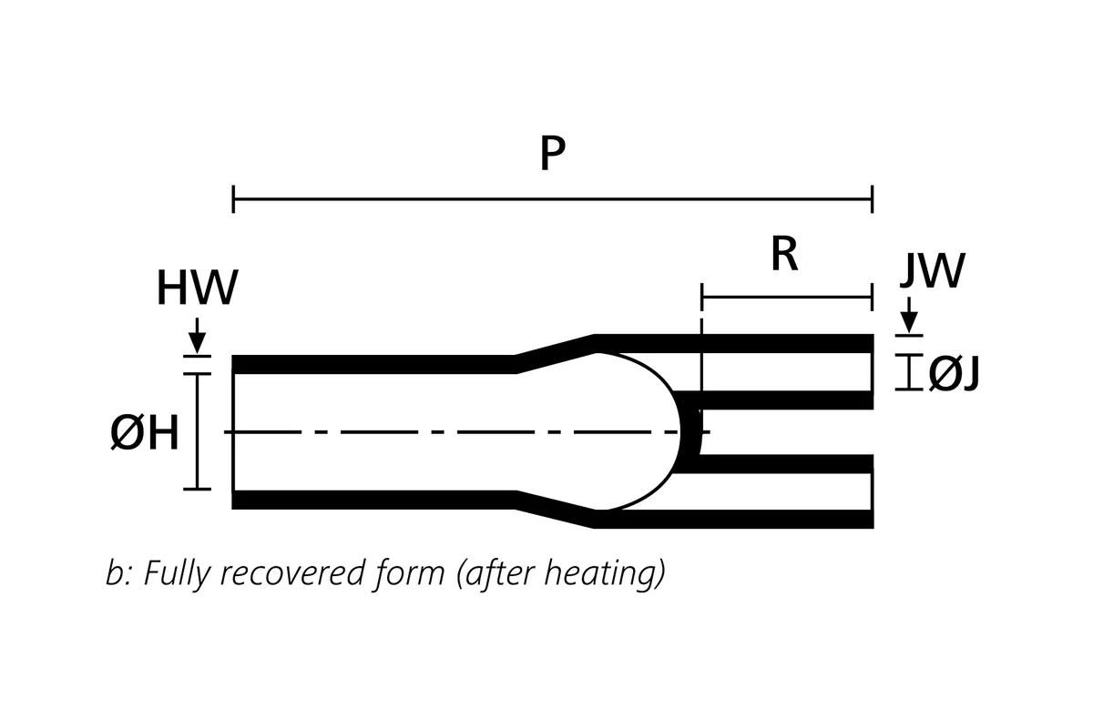 Technical drawing showing the fully recovered side view of a six way heat shrink outlet breakout boot