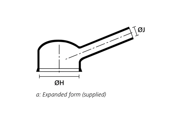 Technical drawing showing the expanded supplied form of a low profile right angle heat shrink molded shape