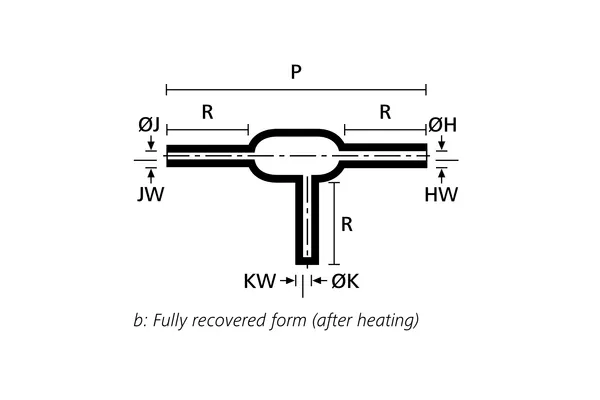 Technical drawing showing the fully recovered form of an offset T heat shrink molded shape