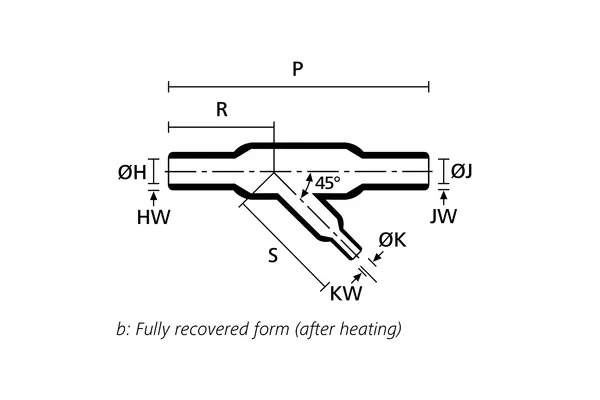 Technical drawing showing the fully recovered form of an angled T heat shrink molded shape