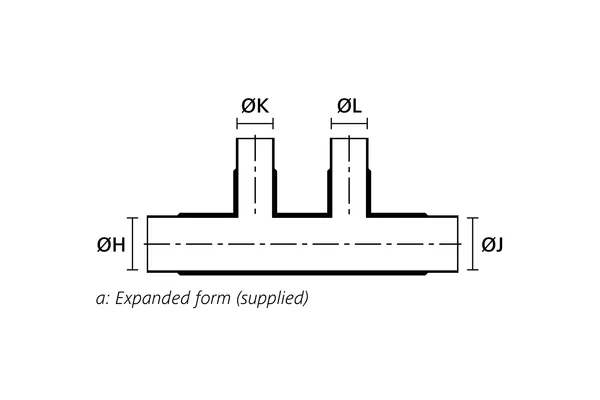 Technical drawing showing the expanded supplied form of a double T heat shrink molded shape