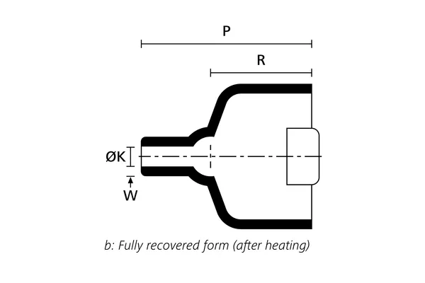 Technical drawing showing the fully recovered side view of a top entry heat shrink connector cover