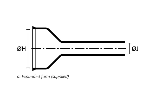 Technical drawing showing the expanded supplied form of a bottle shaped heat shrink molded shape with rib