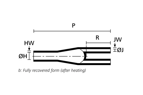 Technical drawing showing the fully recovered side view of a two way heat shrink outlet breakout boot