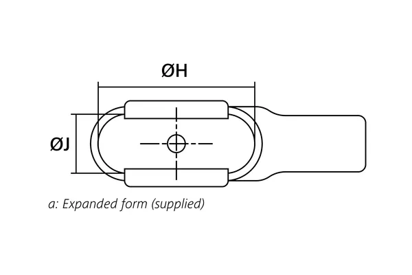 Technical drawing showing the expanded supplied top view of a 90° heat shrink connector cover for Min-D connectors