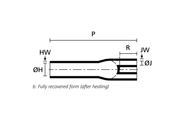 Technical drawing showing the fully recovered side view of a four way heat shrink outlet breakout boot