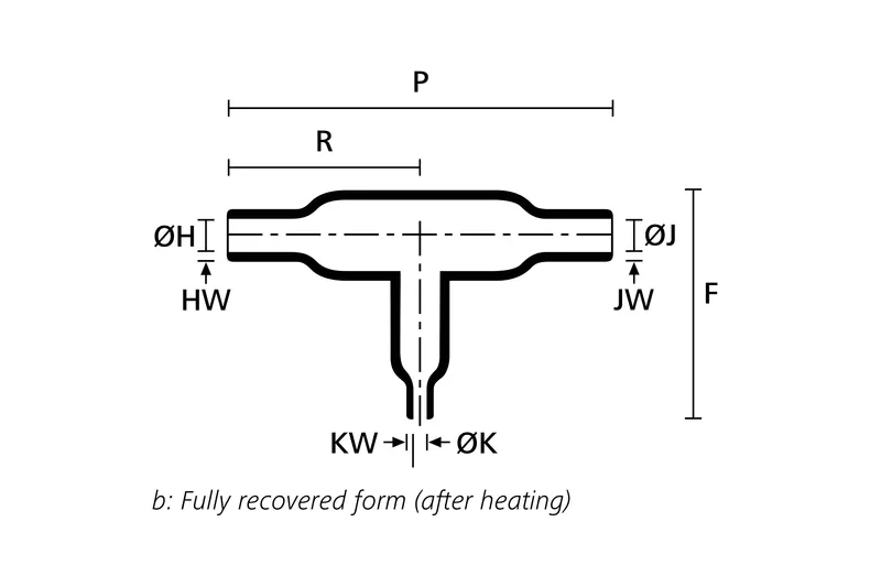 Technical drawing showing the fully recovered form of an offset T-shaped heat shrink molded shape