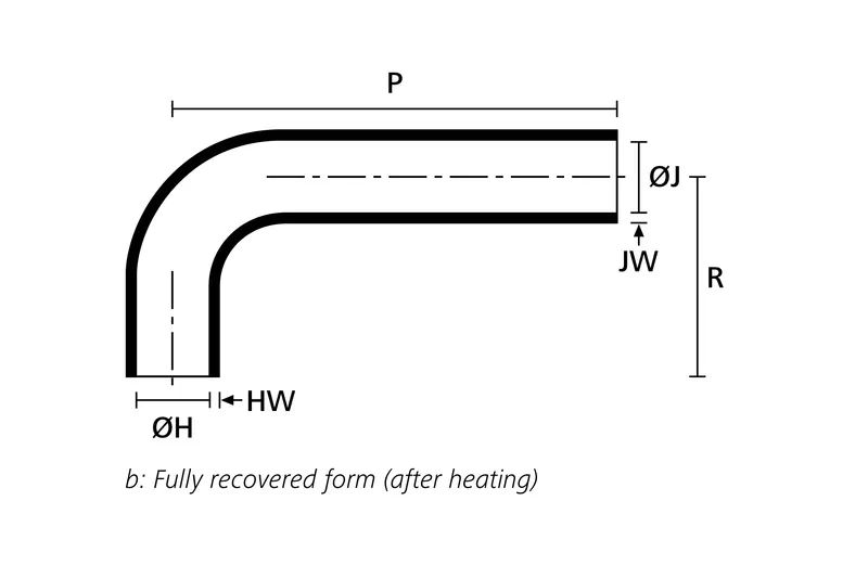 Technical drawing showing the fully recovered form of a 90° heat shrink elbow shape