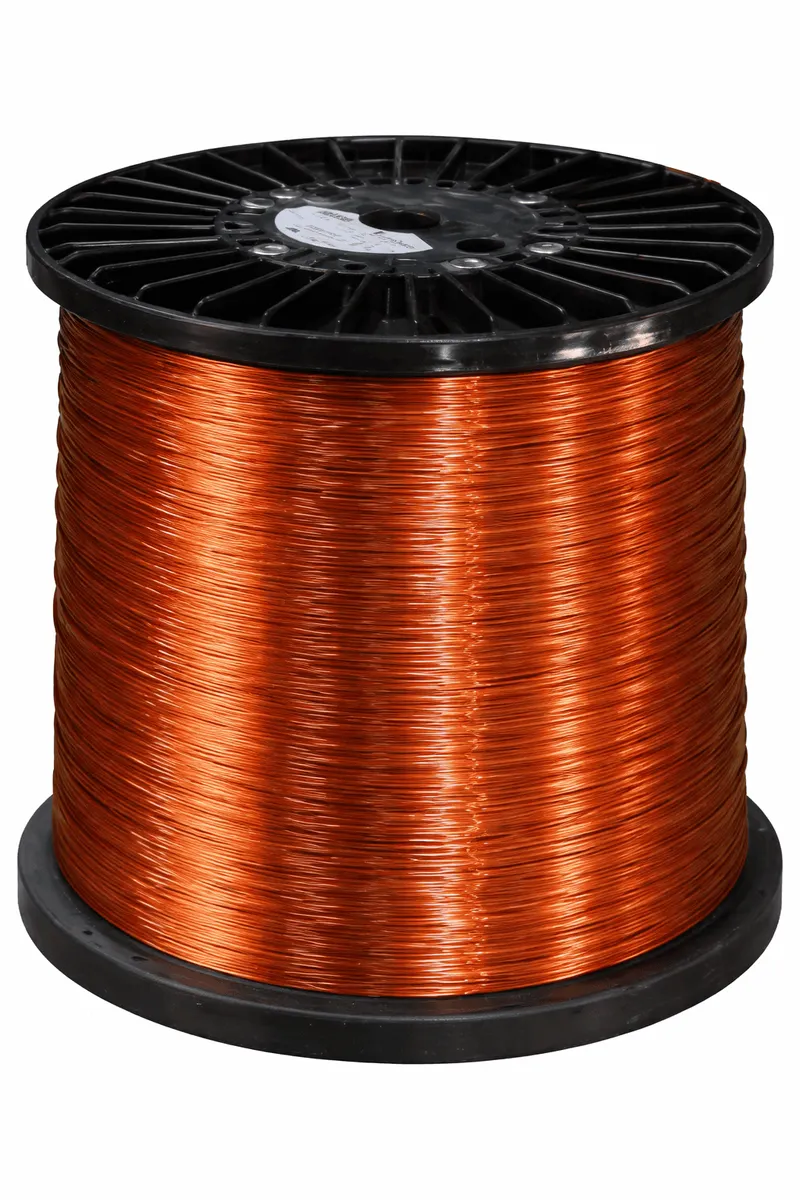 Heavy armored polythermaleze round magnet wire on spool showing copper winding